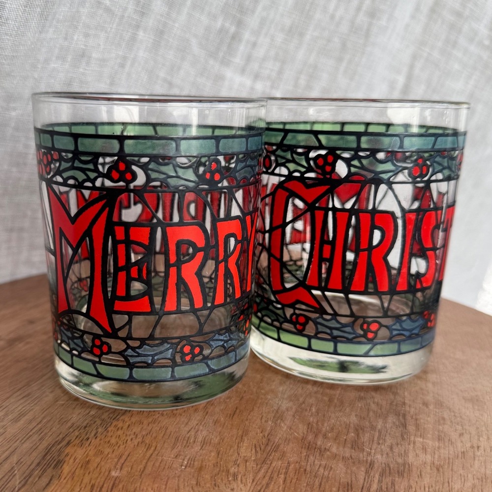 VTG Cera Houze Christmas Lowball Rocks Glasses Set of 2 Stained Glass MCM